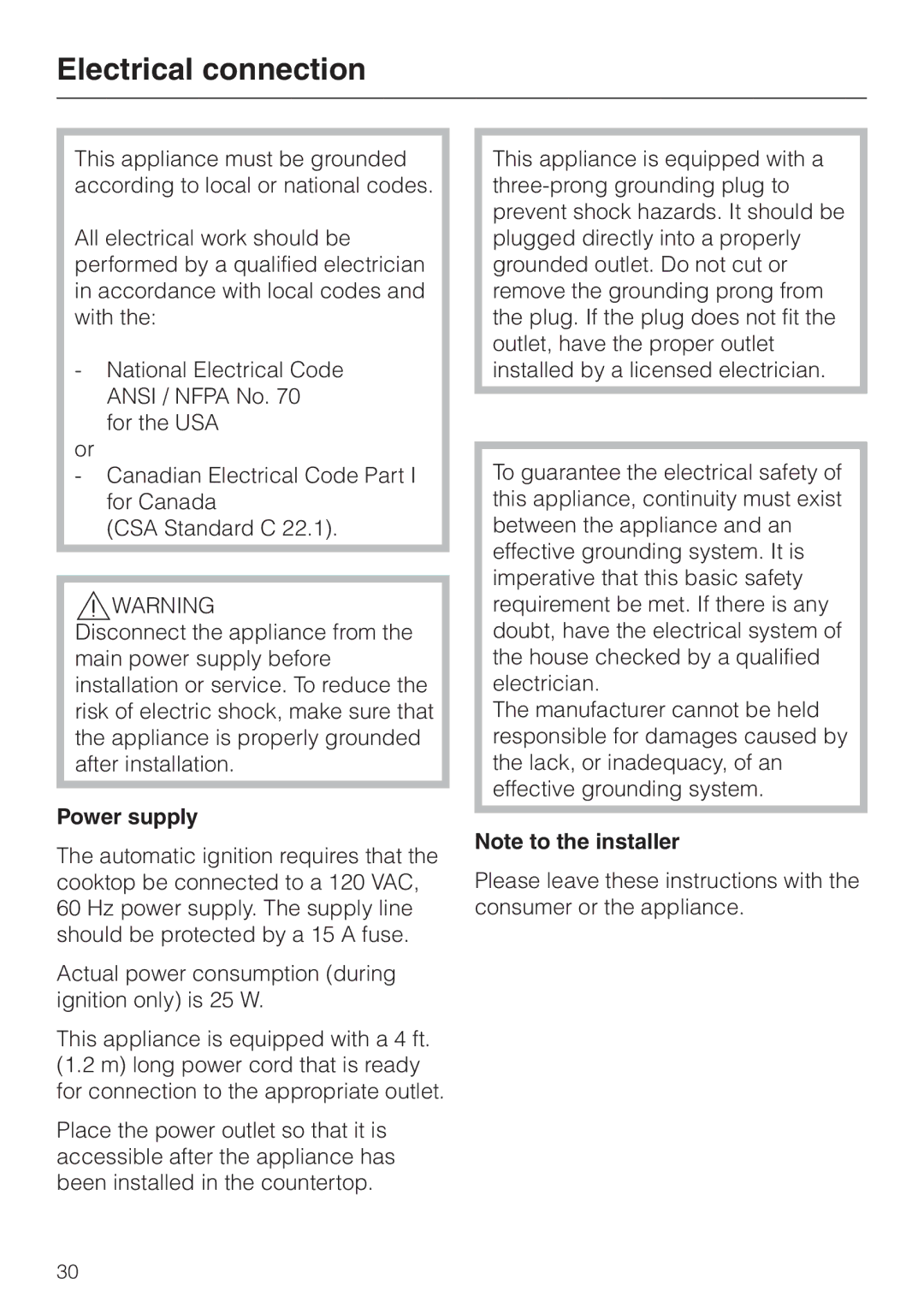 Miele KM 3474, KM 3485, KM 3484 installation instructions Electrical connection, Power supply 