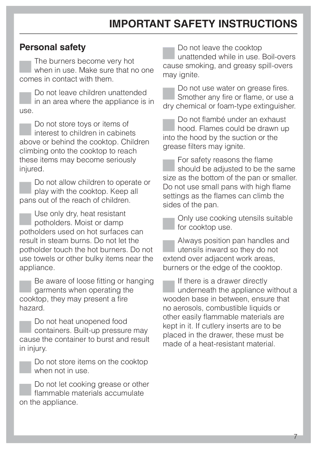 Miele KM 3485, KM 3474, KM 3484 installation instructions Personal safety 