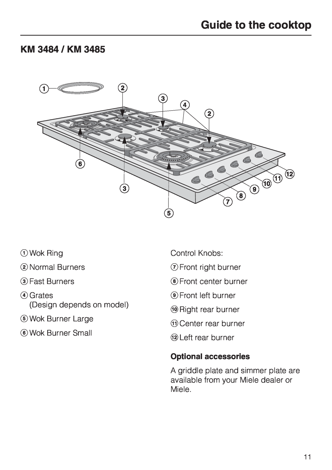 Miele KM 3474, KM 3485 installation instructions KM 3484 / KM, Optional accessories, Guide to the cooktop 