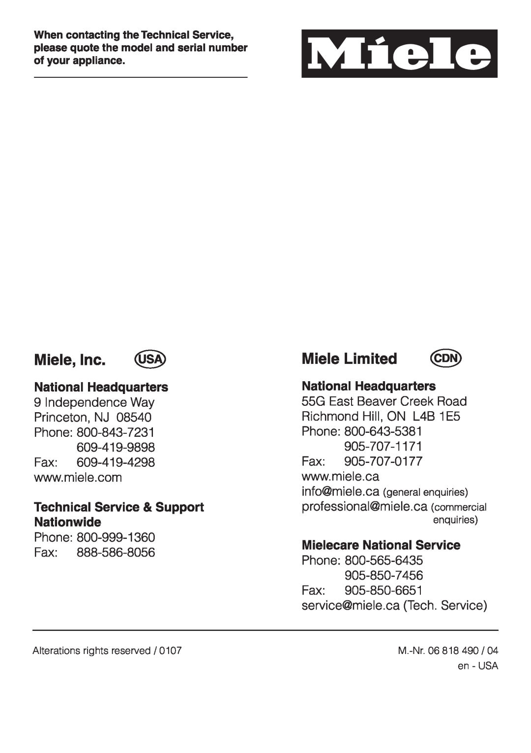 Miele KM 3485, KM 3474, KM 3484 installation instructions Alterations rights reserved, en - USA, M.-Nr 