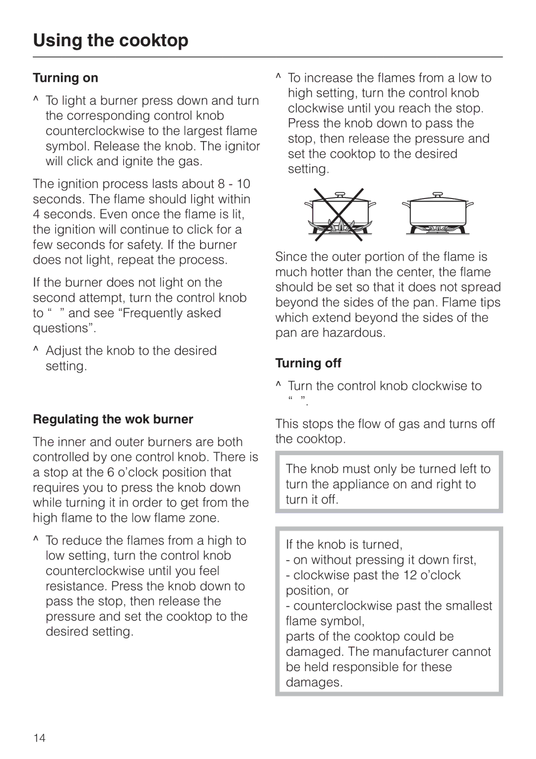 Miele KM 3464, KM 3475, KM 3465 installation instructions Turning on, Regulating the wok burner, Turning off 