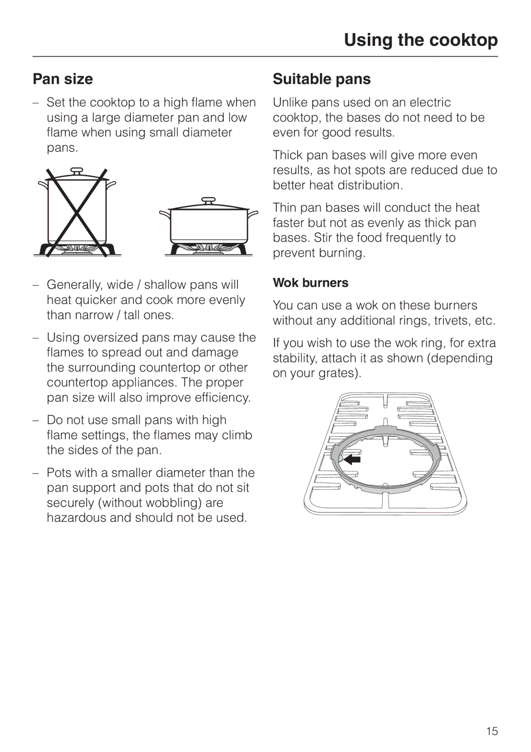 Miele KM 3475, KM 3465, KM 3464 installation instructions Pan size, Suitable pans, Wok burners 