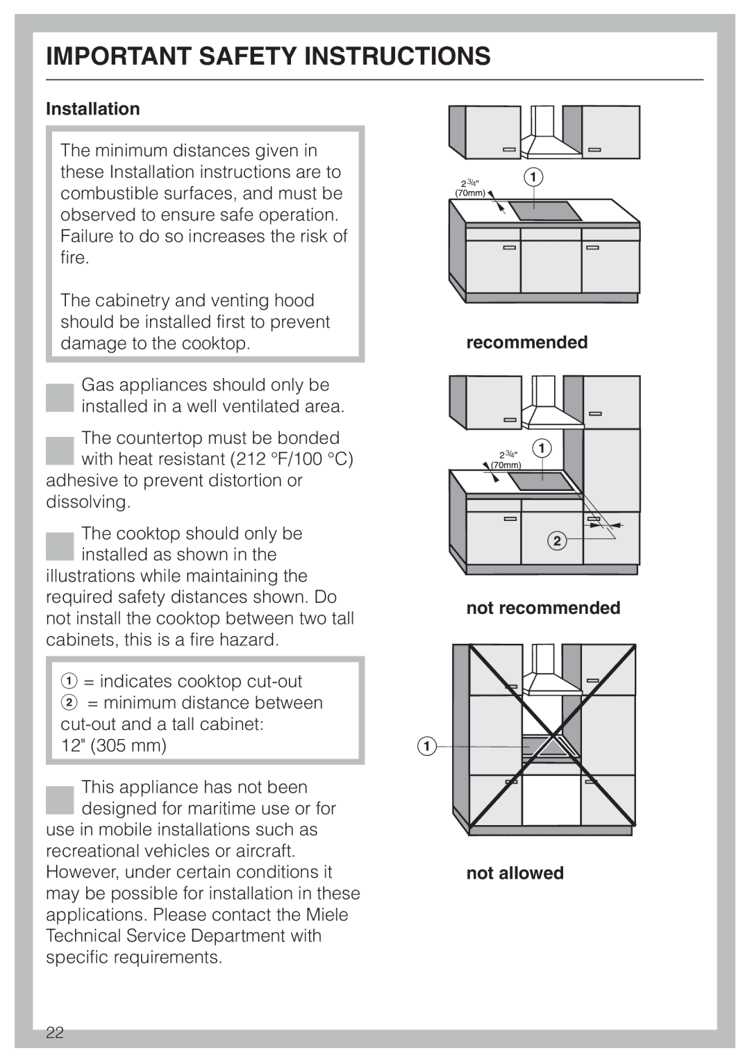 Miele KM 3465, KM 3475, KM 3464 installation instructions Installation, Recommended Not recommended Not allowed 