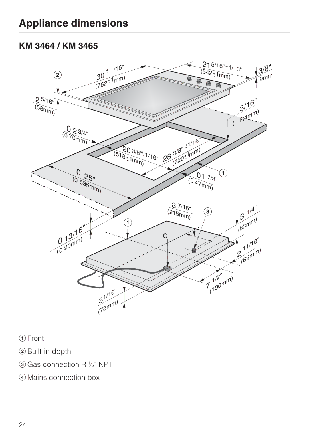 Miele KM 3475, KM 3465, KM 3464 installation instructions Appliance dimensions, 58mm 