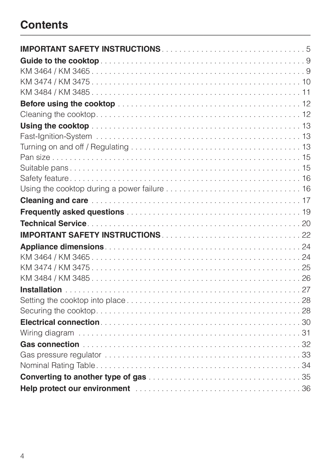 Miele KM 3465, KM 3475, KM 3464 installation instructions Contents 