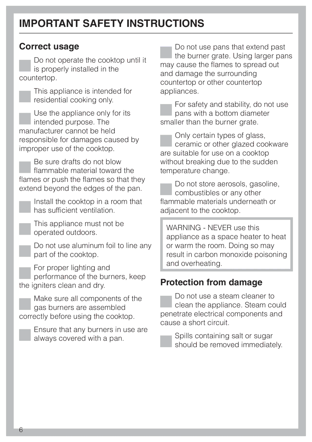 Miele KM 3475, KM 3465, KM 3464 installation instructions Correct usage, Protection from damage 