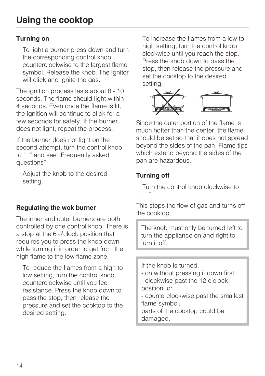 Miele KM 3485, KM 3475, KM 3474, KM 3484, KM 3465, KM 3464 Turning on, Regulating the wok burner, Turning off 