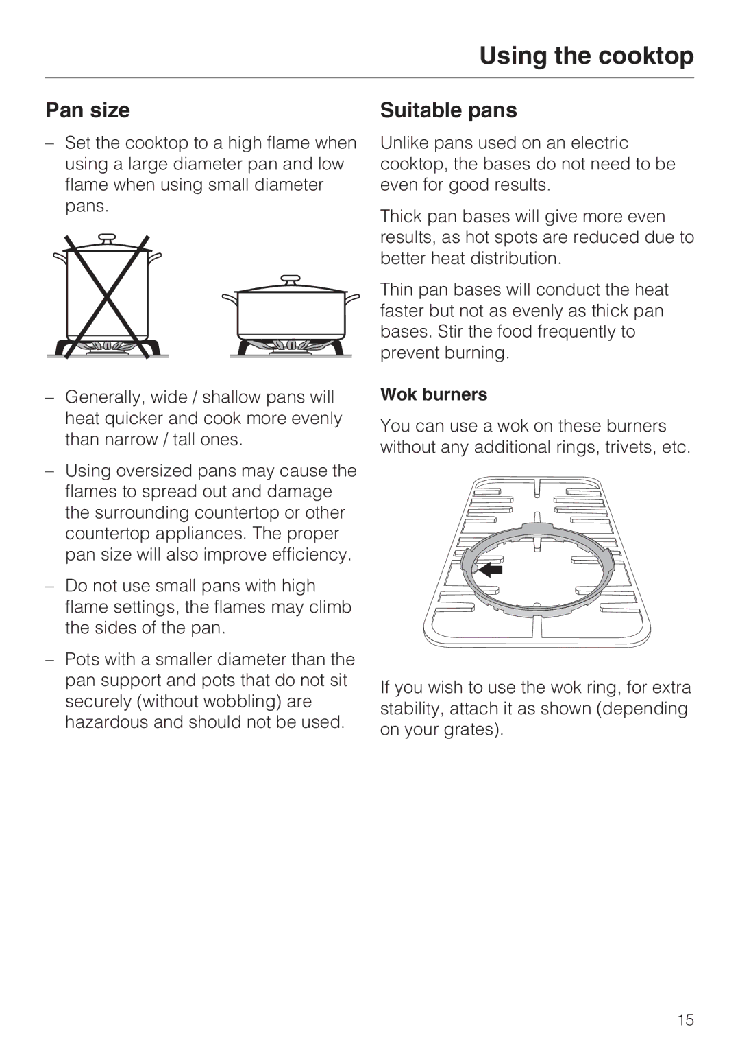 Miele KM 3484, KM 3475, KM 3474, KM 3485, KM 3465, KM 3464 installation instructions Pan size, Suitable pans, Wok burners 