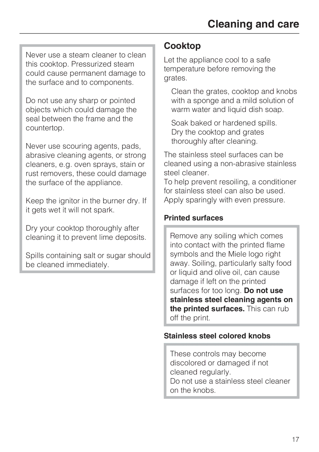 Miele KM 3464, KM 3475, KM 3474, KM 3485, KM 3484 Cleaning and care, Cooktop, Printed surfaces, Stainless steel colored knobs 