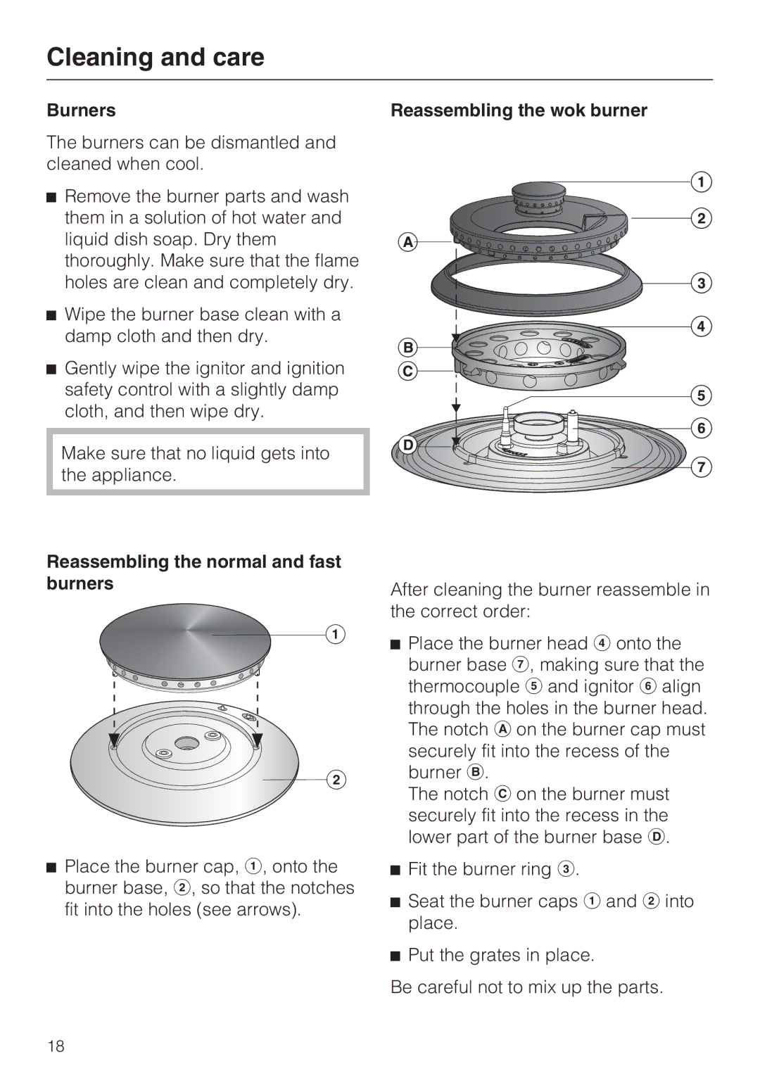 Miele KM 3475, KM 3474, KM 3485, KM 3484 Burners, Reassembling the normal and fast burners, Reassembling the wok burner 