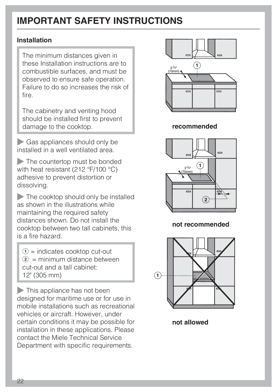 Miele KM 3465, KM 3475, KM 3474, KM 3485, KM 3484, KM 3464 Installation, Recommended Not recommended Not allowed 