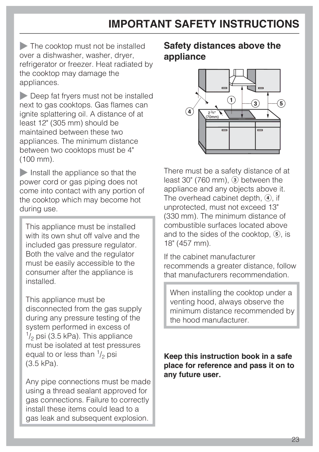 Miele KM 3464, KM 3475, KM 3474, KM 3485, KM 3484, KM 3465 installation instructions Safety distances above the appliance 