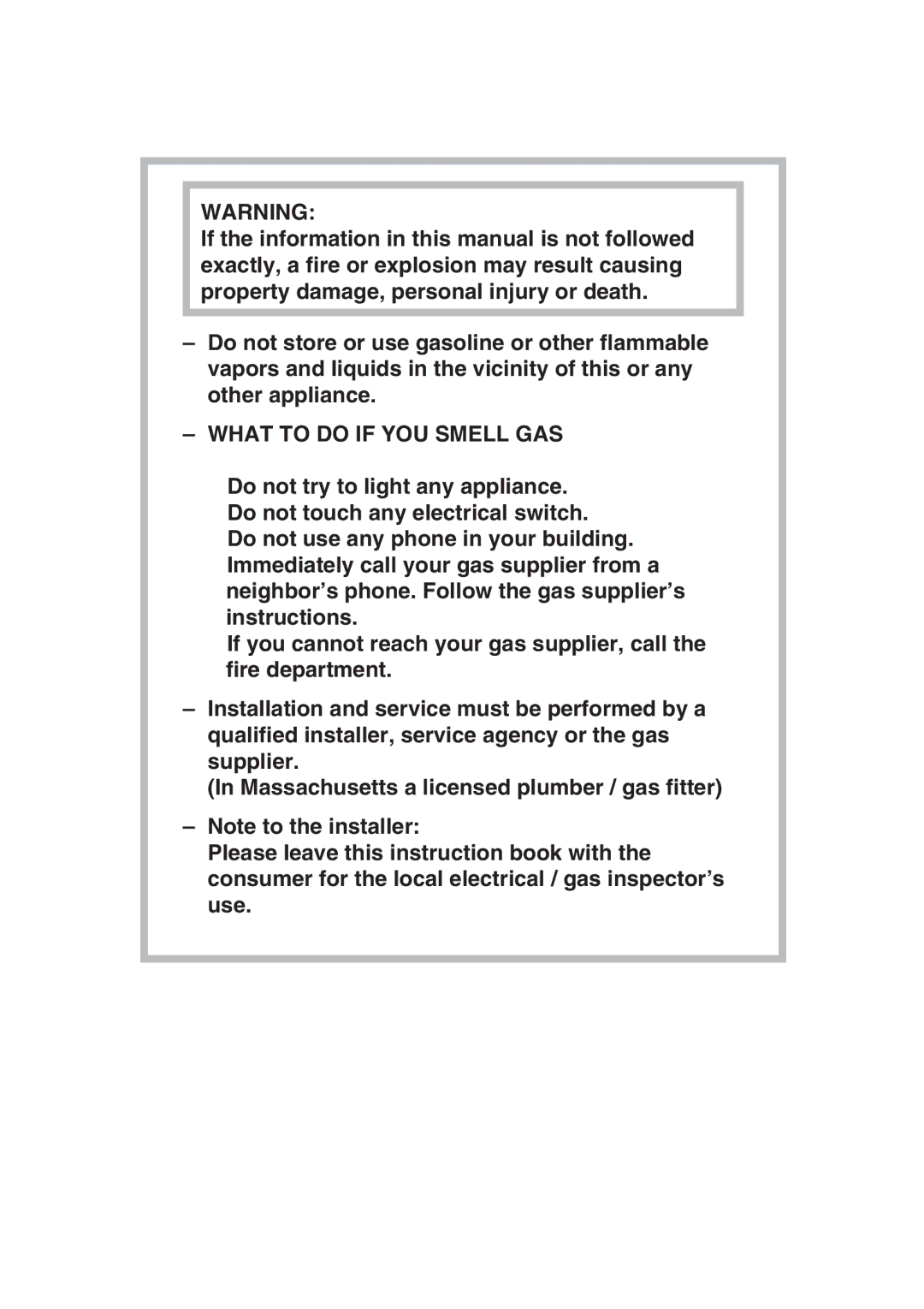 Miele KM 3484, KM 3475, KM 3474, KM 3485, KM 3465, KM 3464 installation instructions What to do if YOU Smell GAS 