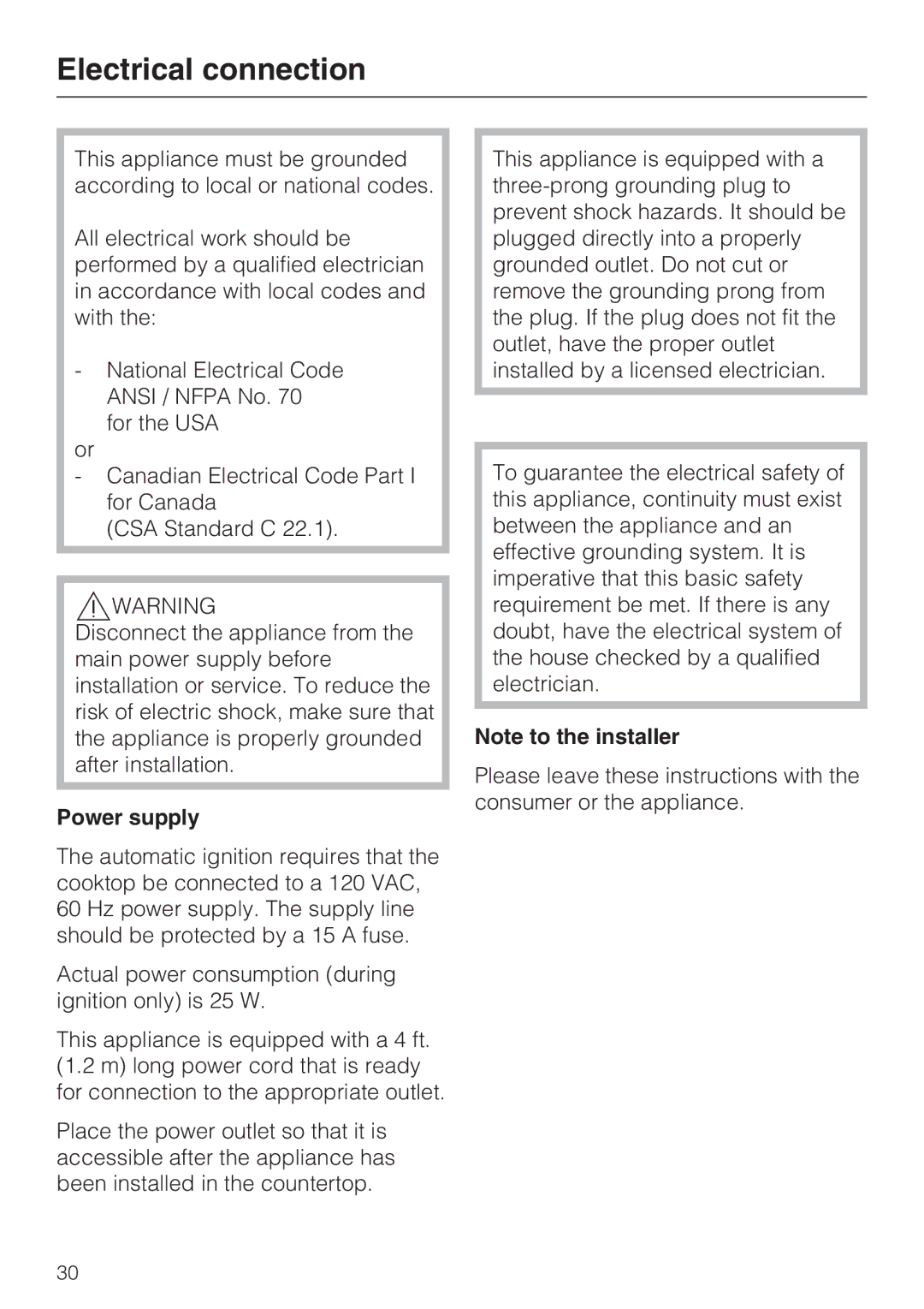 Miele KM 3475, KM 3474, KM 3485, KM 3484, KM 3465, KM 3464 installation instructions Electrical connection, Power supply 