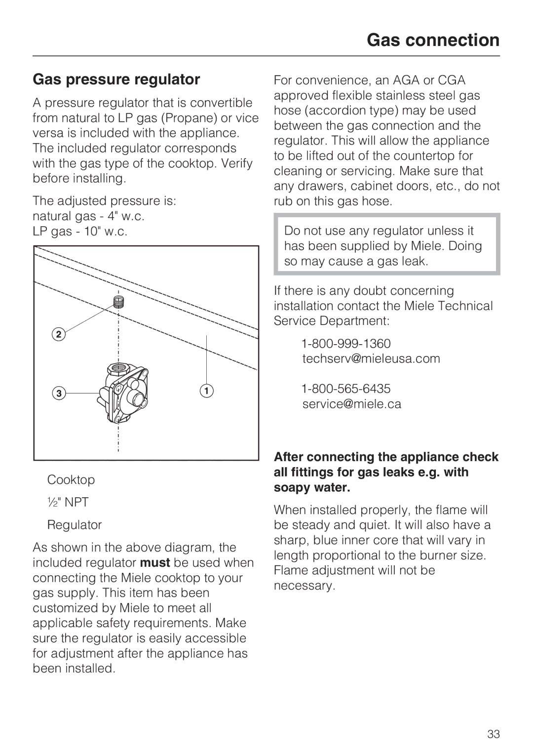 Miele KM 3484, KM 3475, KM 3474, KM 3485, KM 3465, KM 3464 installation instructions Gas pressure regulator 