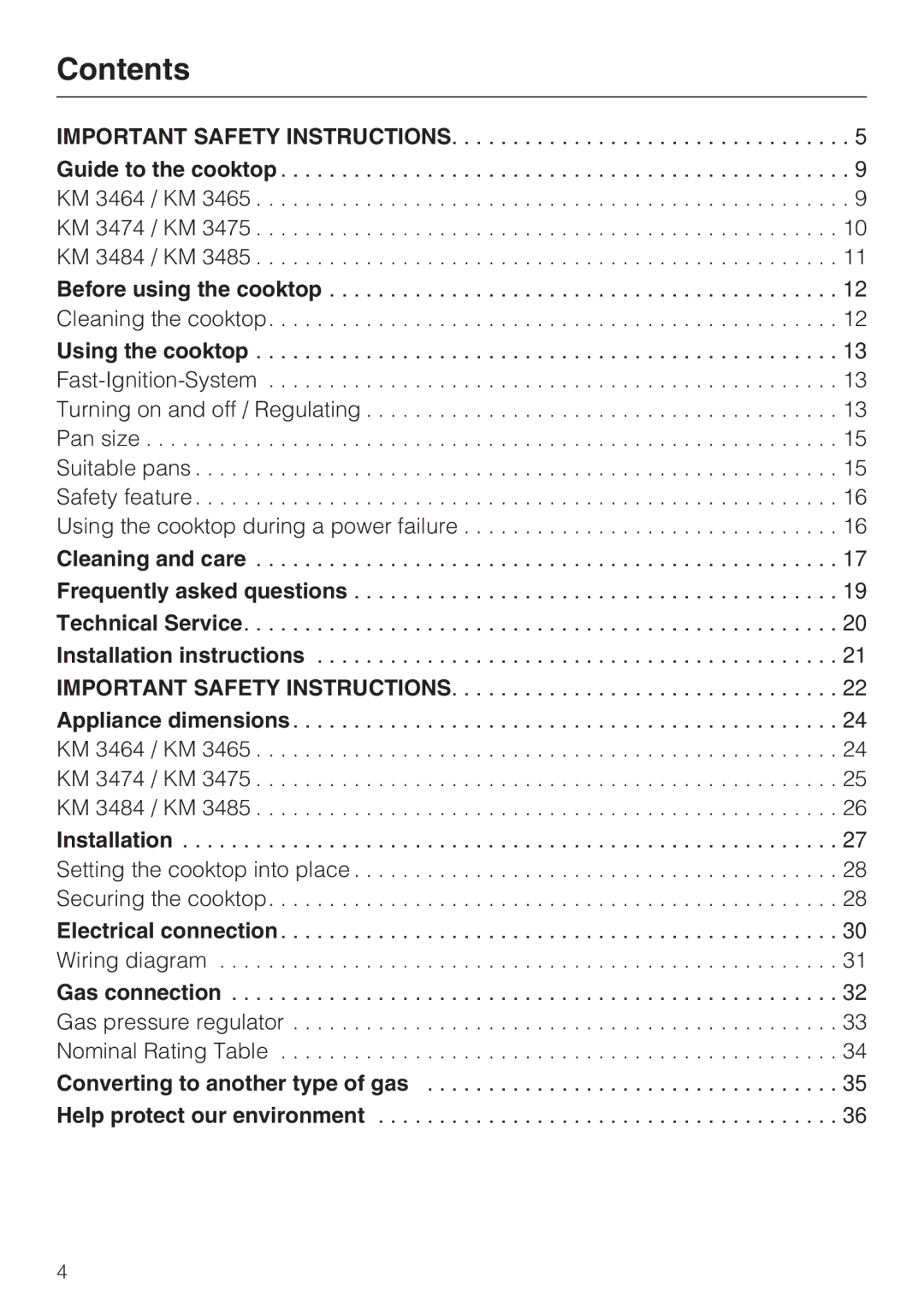 Miele KM 3465, KM 3475, KM 3474, KM 3485, KM 3484, KM 3464 installation instructions Contents 