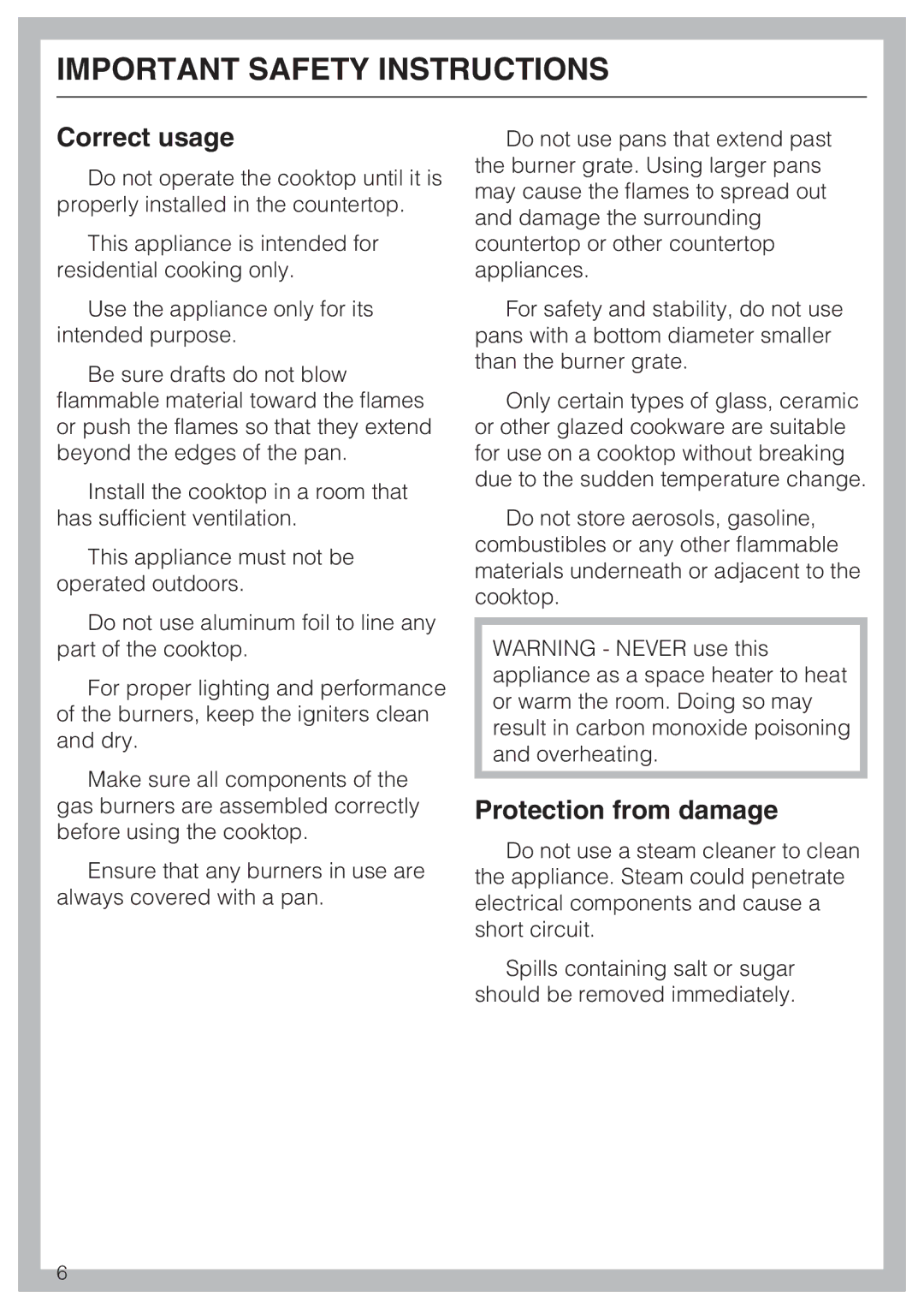 Miele KM 3475, KM 3474, KM 3485, KM 3484, KM 3465, KM 3464 installation instructions Correct usage, Protection from damage 