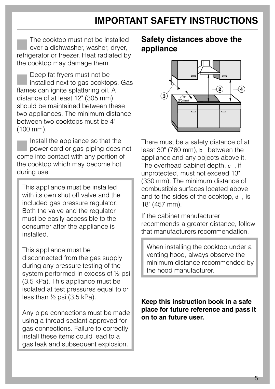 Miele KM 360 installation instructions Safety distances above the appliance 