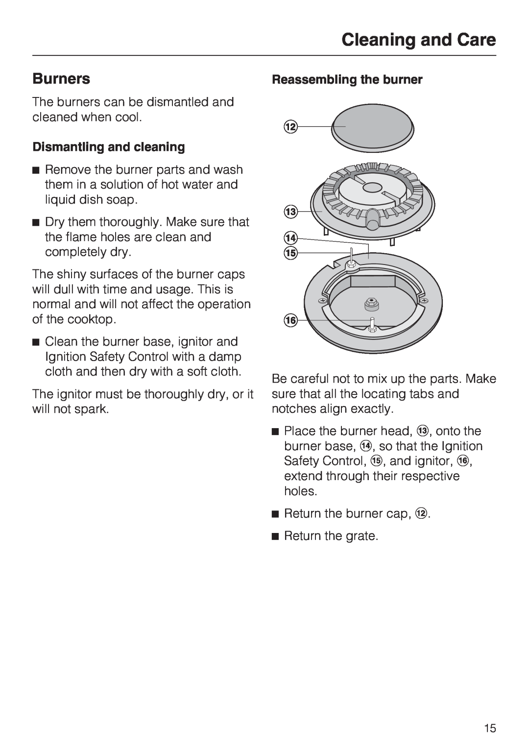 Miele KM 360 operating instructions Burners, Dismantling and cleaning, Reassembling the burner, Cleaning and Care 
