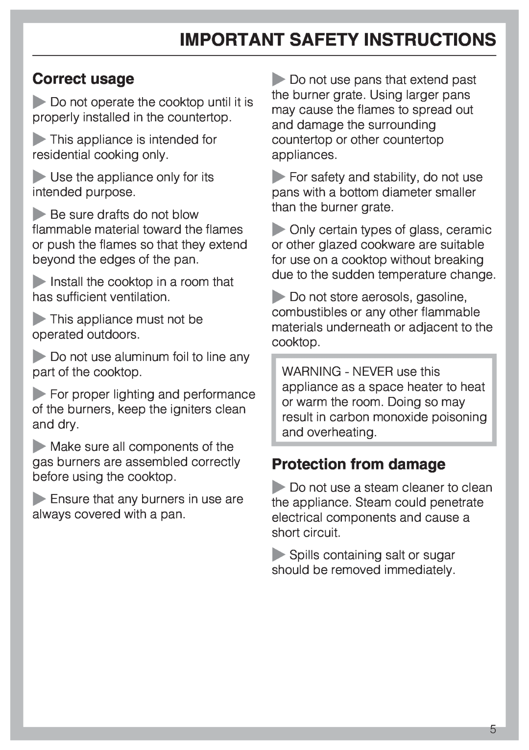 Miele KM 360 operating instructions Correct usage, Protection from damage, Important Safety Instructions 