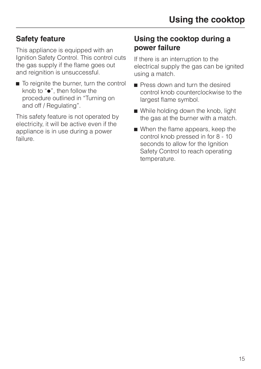 Miele KM 391 manual Safety feature, Using the cooktop during a power failure 