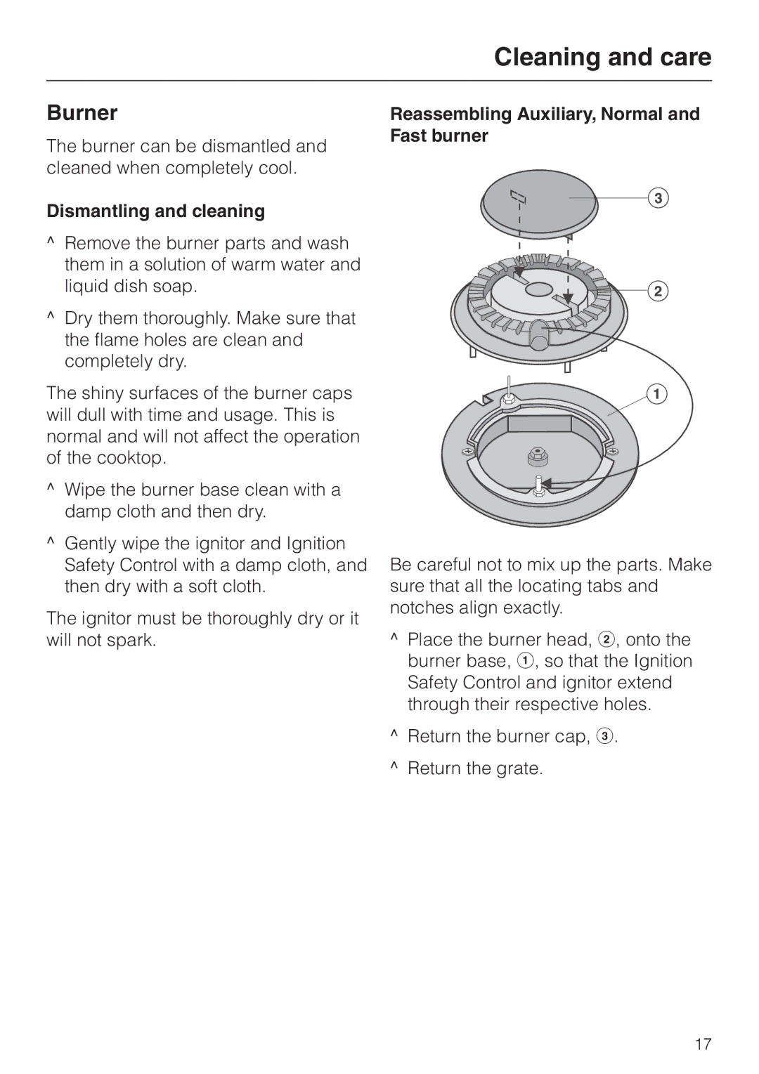 Miele KM 391 manual Burner, Dismantling and cleaning, Reassembling Auxiliary, Normal and Fast burner 