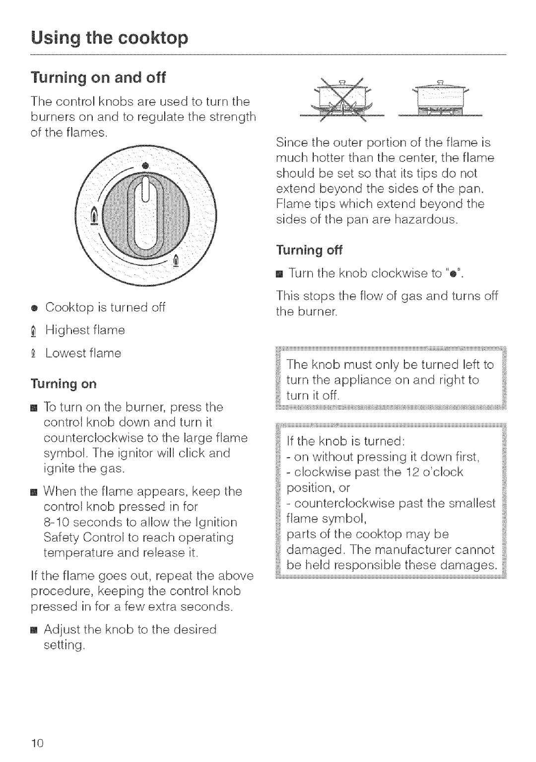 Miele KM 404 manual Using the cooktop, Turning on and off 