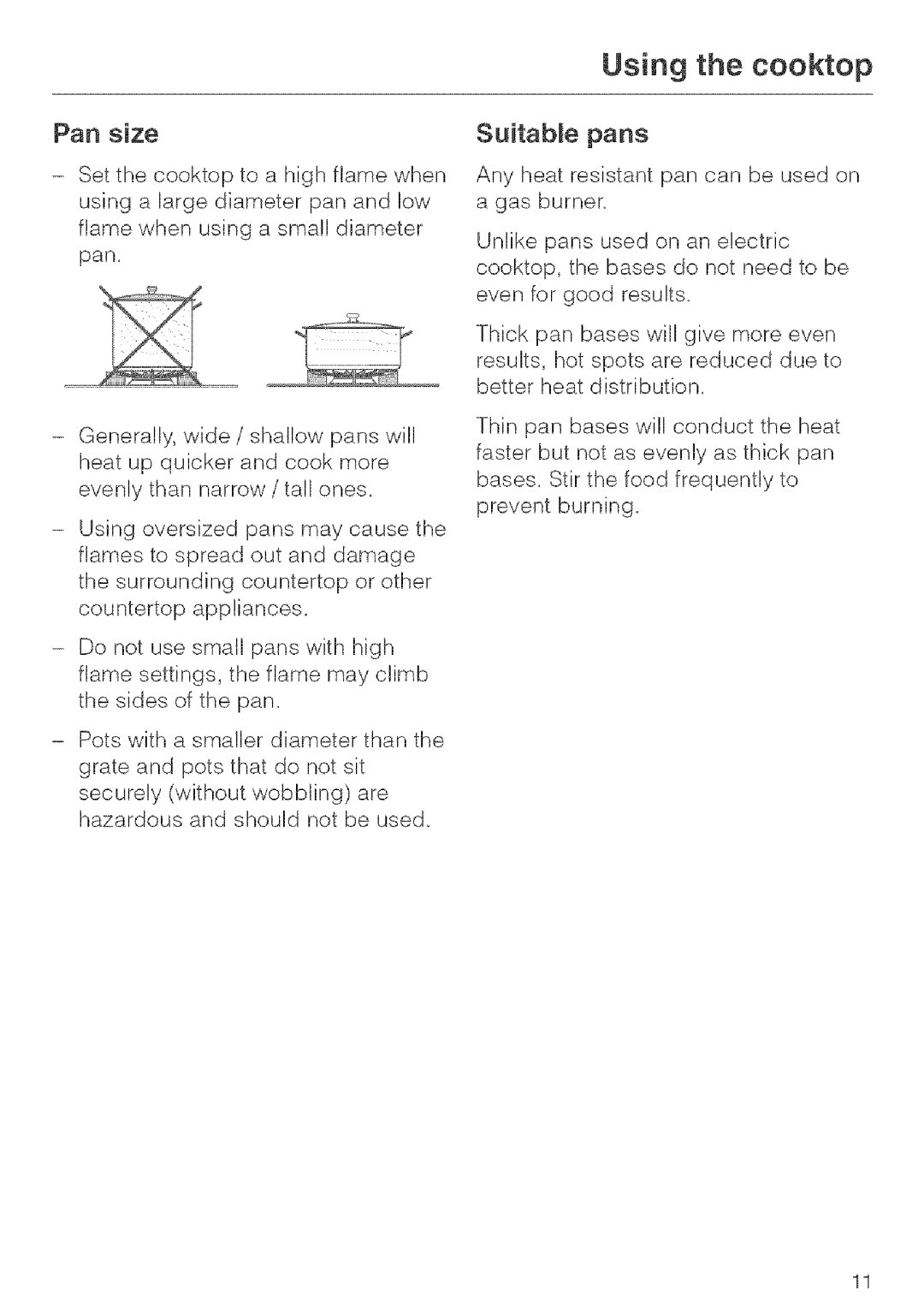 Miele KM 404 manual Pan size, Suitable pans 