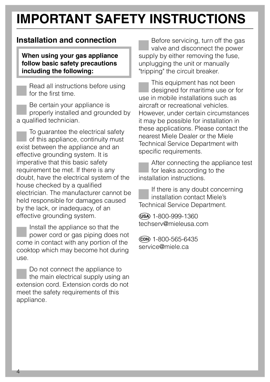 Miele KM 404 operating instructions Important Safety Instructions, Installation and connection 