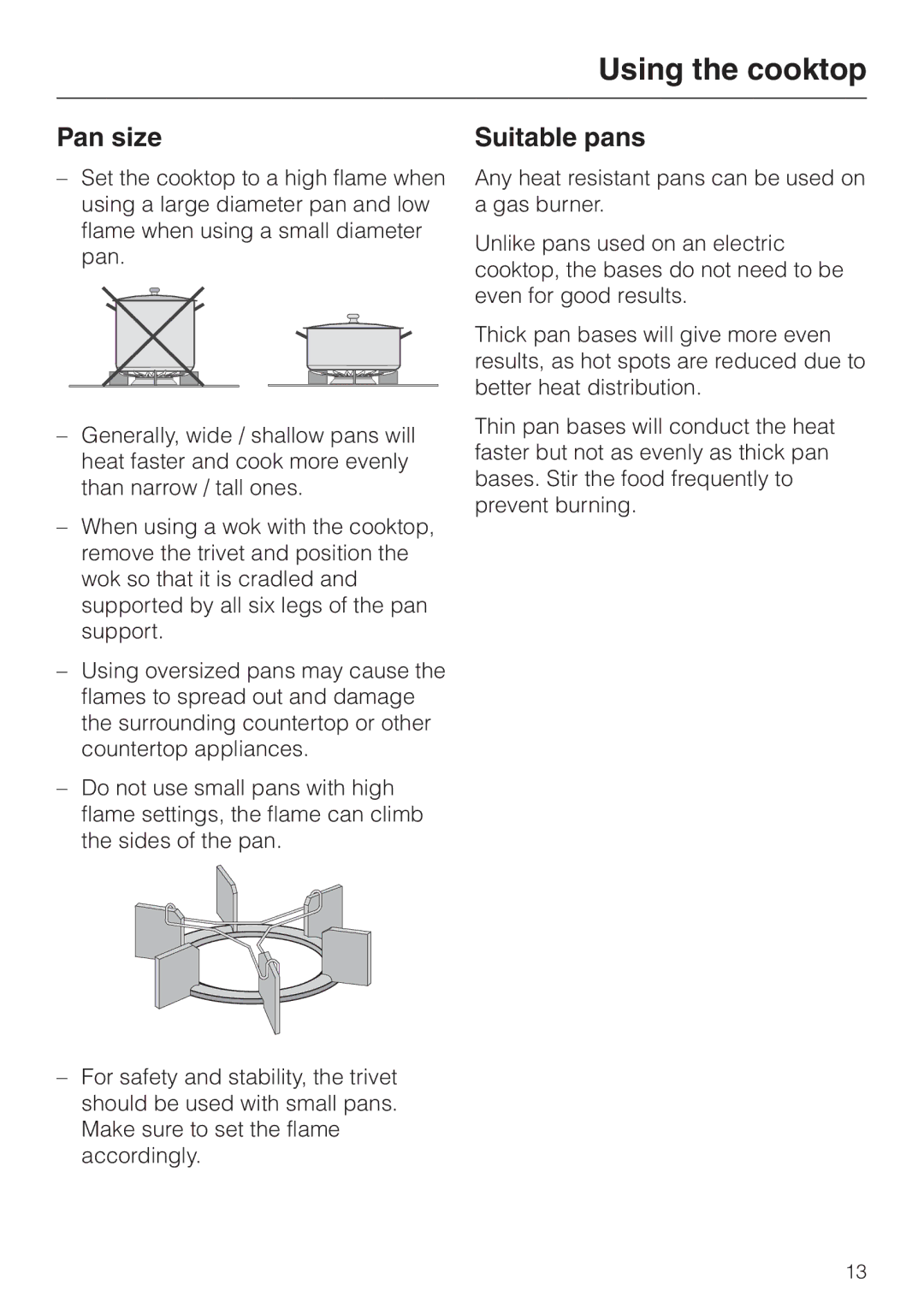 Miele KM 406 manual Pan size, Suitable pans 