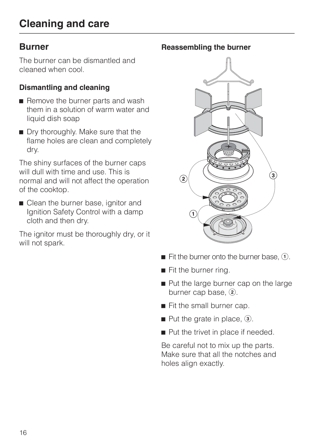 Miele KM 406 manual Burner, Dismantling and cleaning, Reassembling the burner 