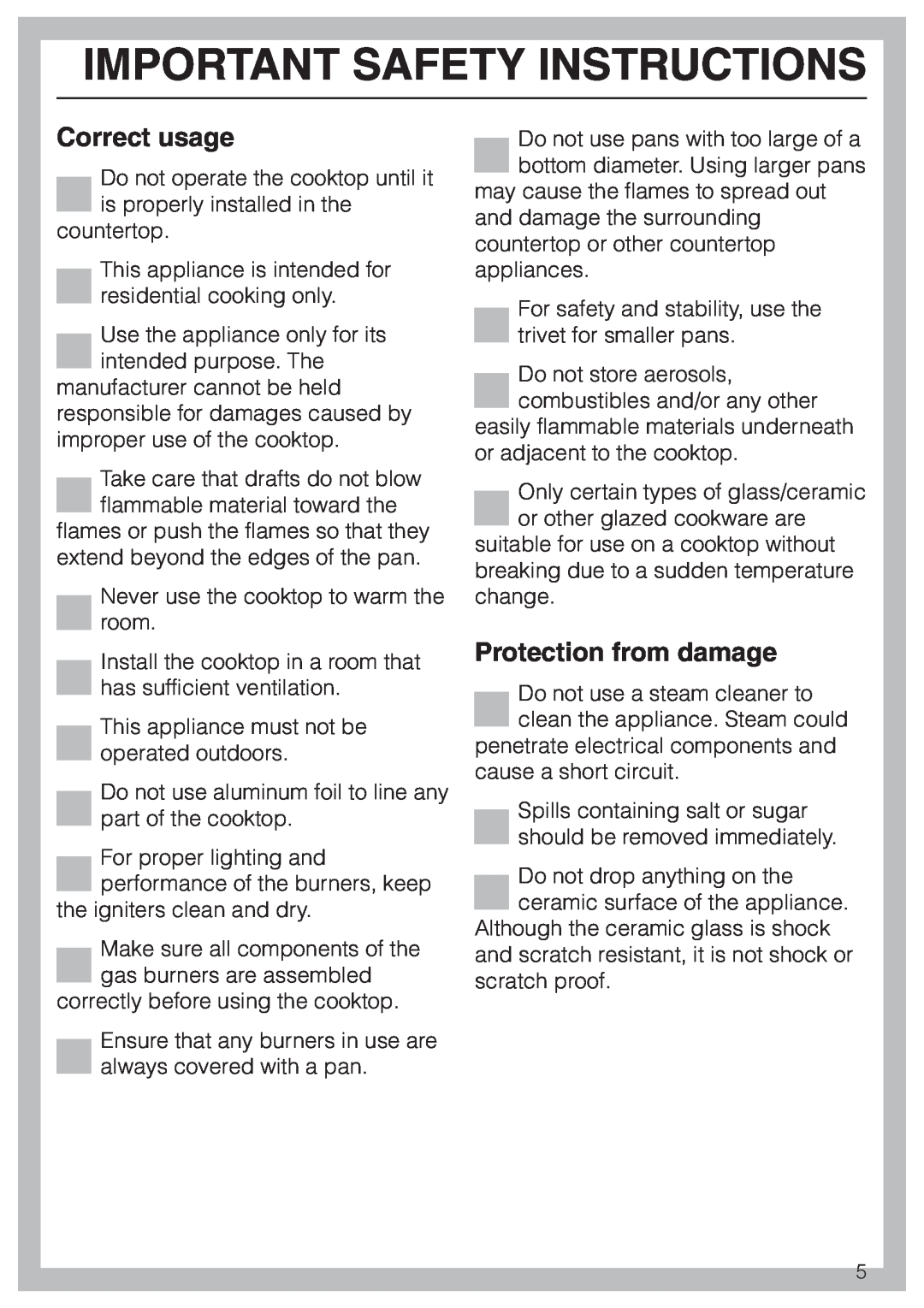 Miele KM 406 manual Correct usage, Protection from damage, Important Safety Instructions 