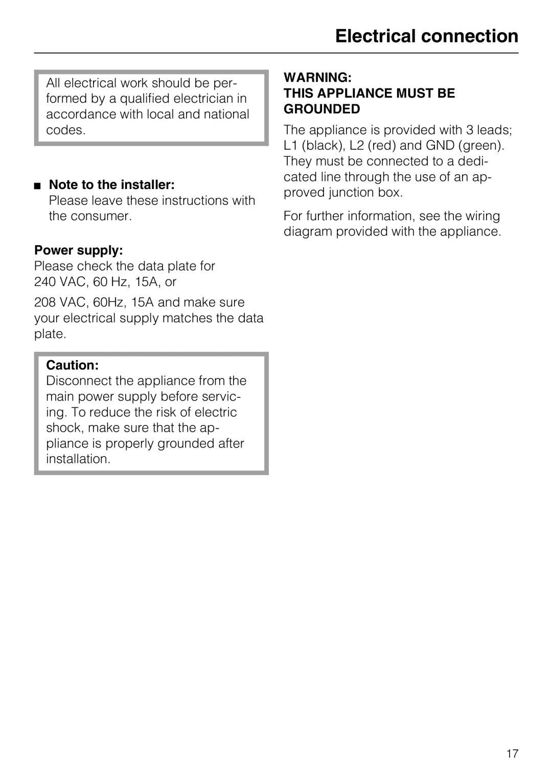 Miele KM 408-1 manual Electrical connection, Power supply 