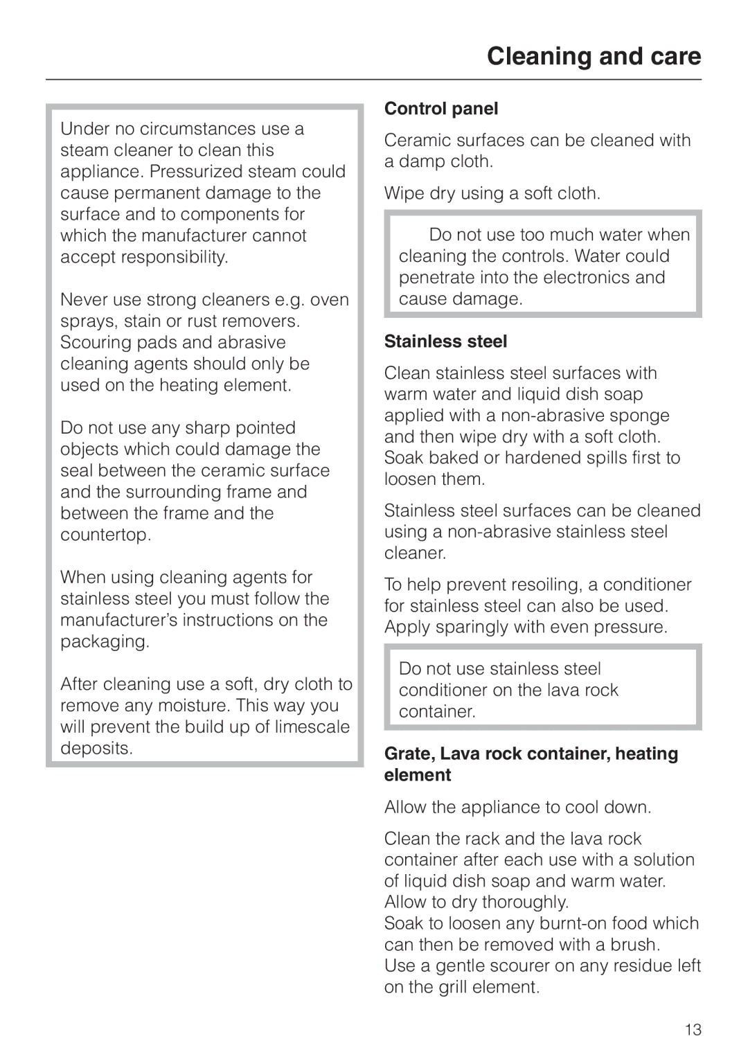 Miele KM 411 manual Cleaning and care, Control panel, Stainless steel, Grate, Lava rock container, heating element 