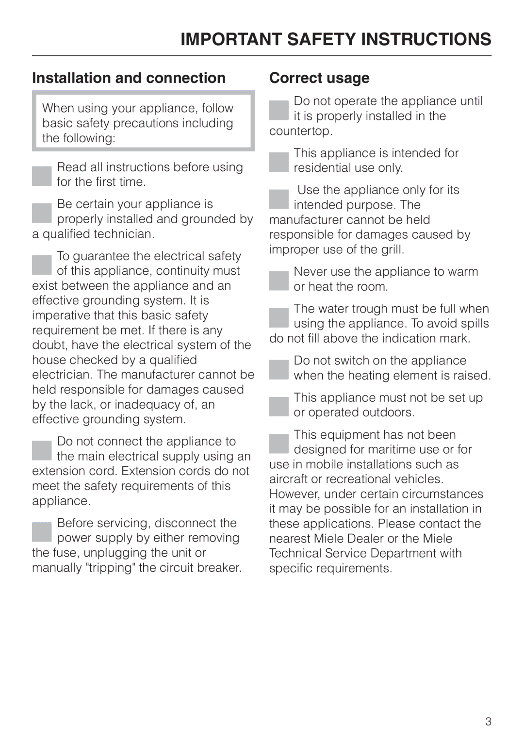 Miele KM 411 manual Installation and connection, Correct usage 