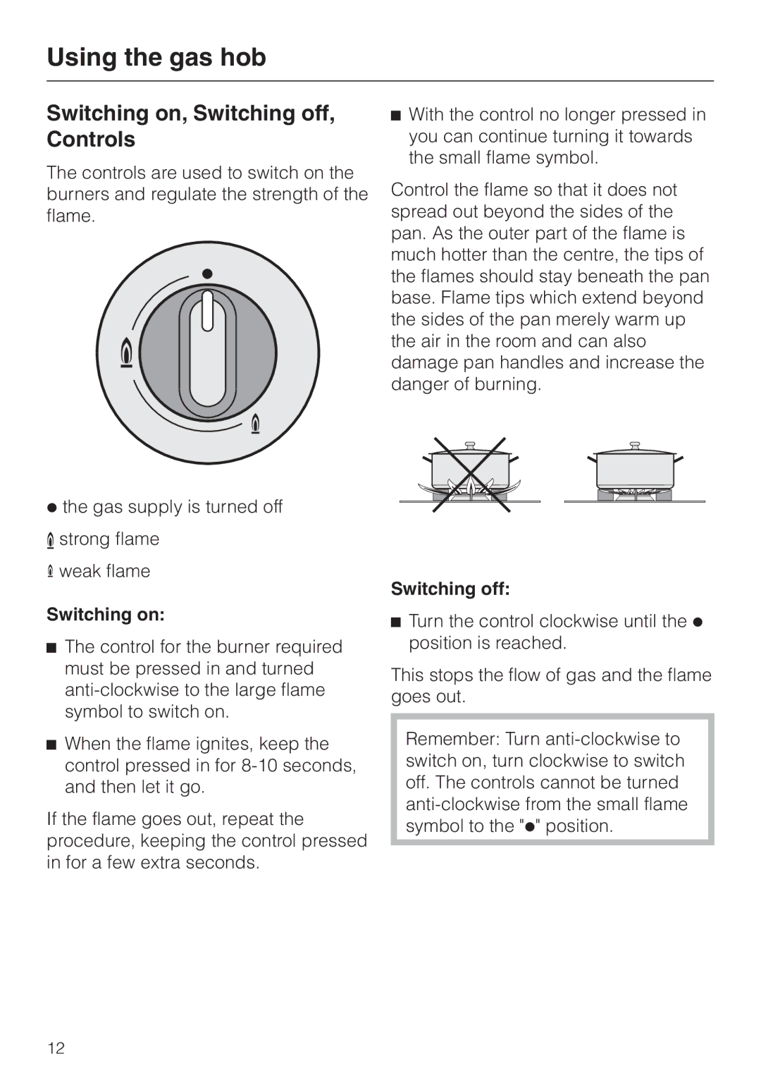 Miele KM 417 manual Using the gas hob, Switching on, Switching off, Controls 