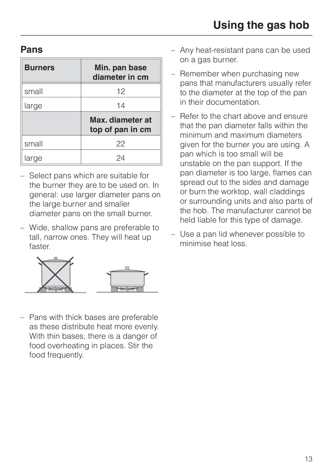 Miele KM 417 manual Pans, Burners Min. pan base, Top of pan in cm 