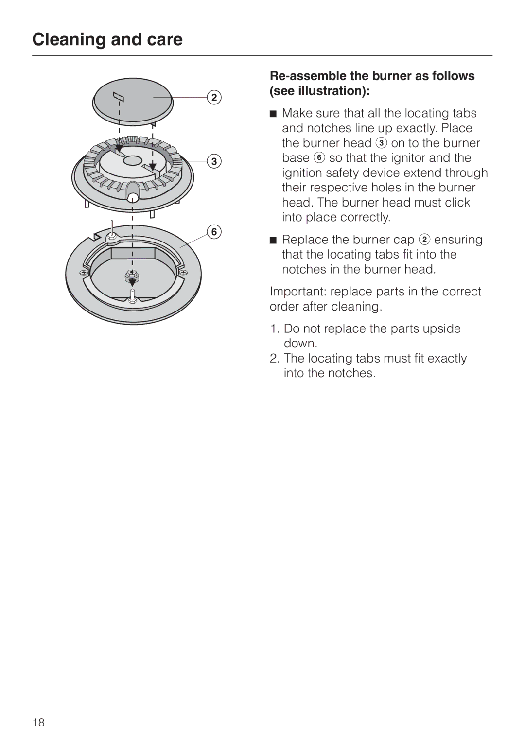 Miele KM 417 manual Re-assemble the burner as follows see illustration 