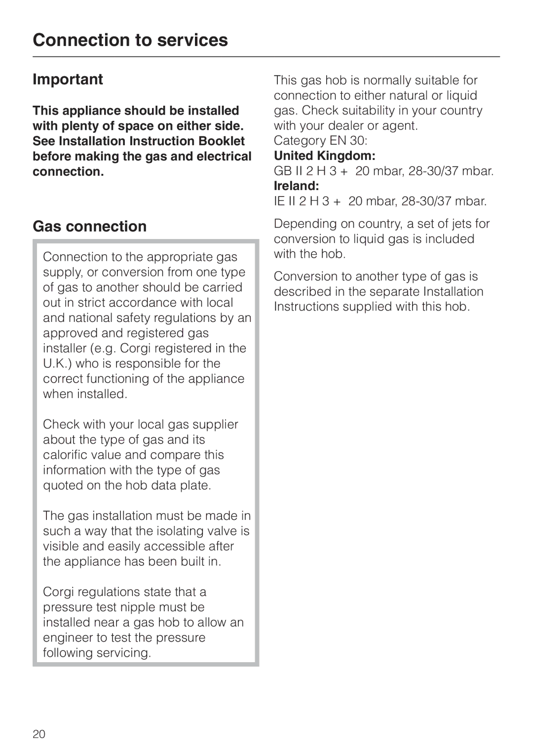 Miele KM 417 manual Connection to services, Gas connection, United Kingdom, Ireland 