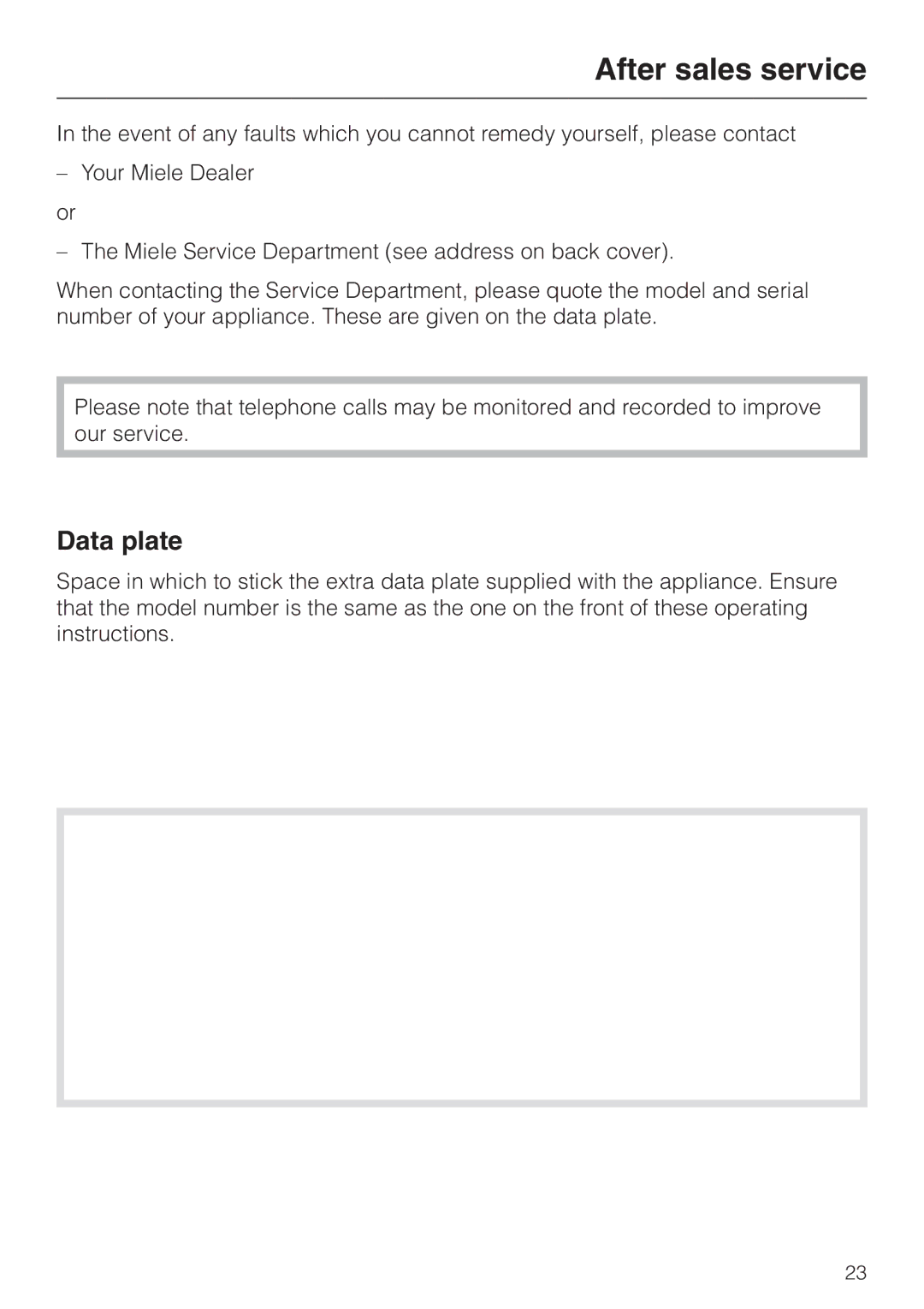 Miele KM 417 manual After sales service, Data plate 