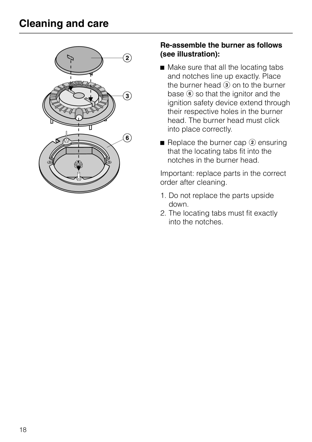 Miele KM 417 manual Re-assemblethe burner as follows see illustration, Cleaning and care 