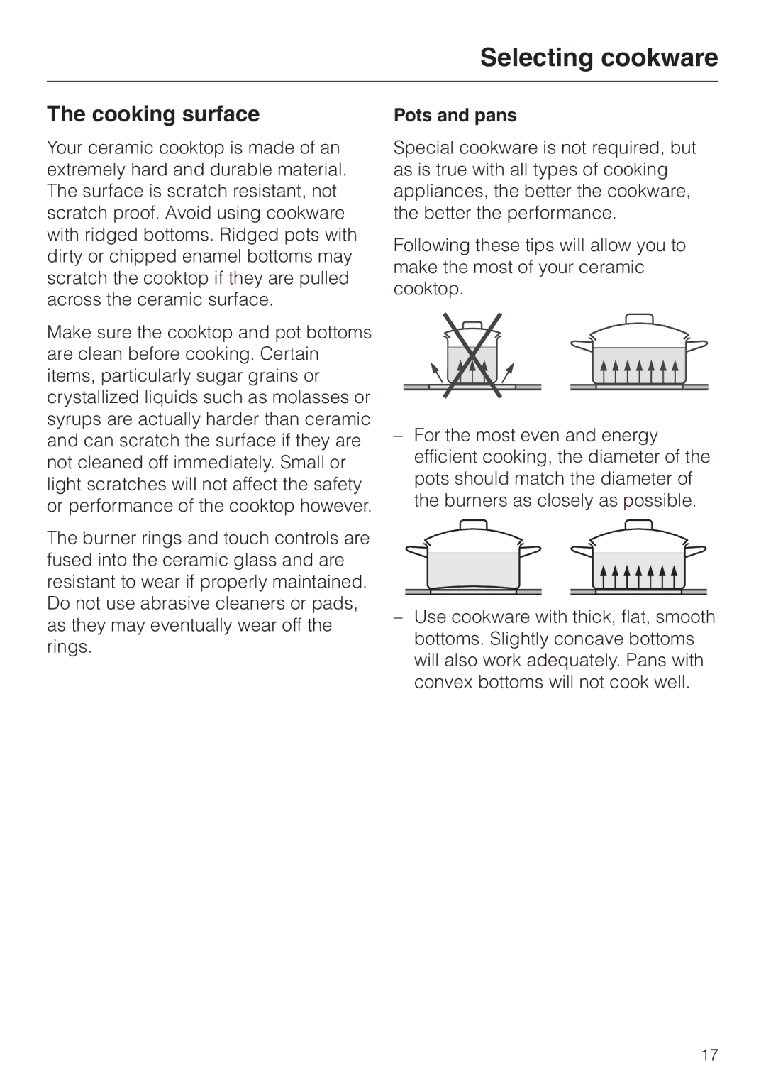 Miele KM 443 operating instructions Selecting cookware, Cooking surface, Pots and pans 