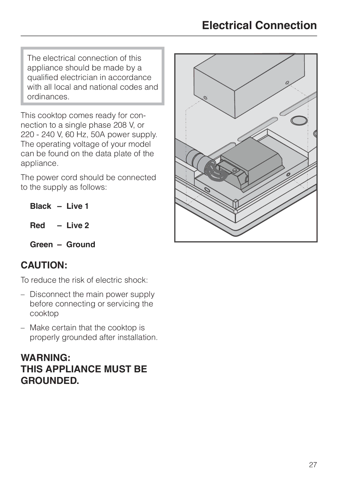 Miele KM 443 operating instructions Electrical Connection, Black Live Red Live Green Ground 