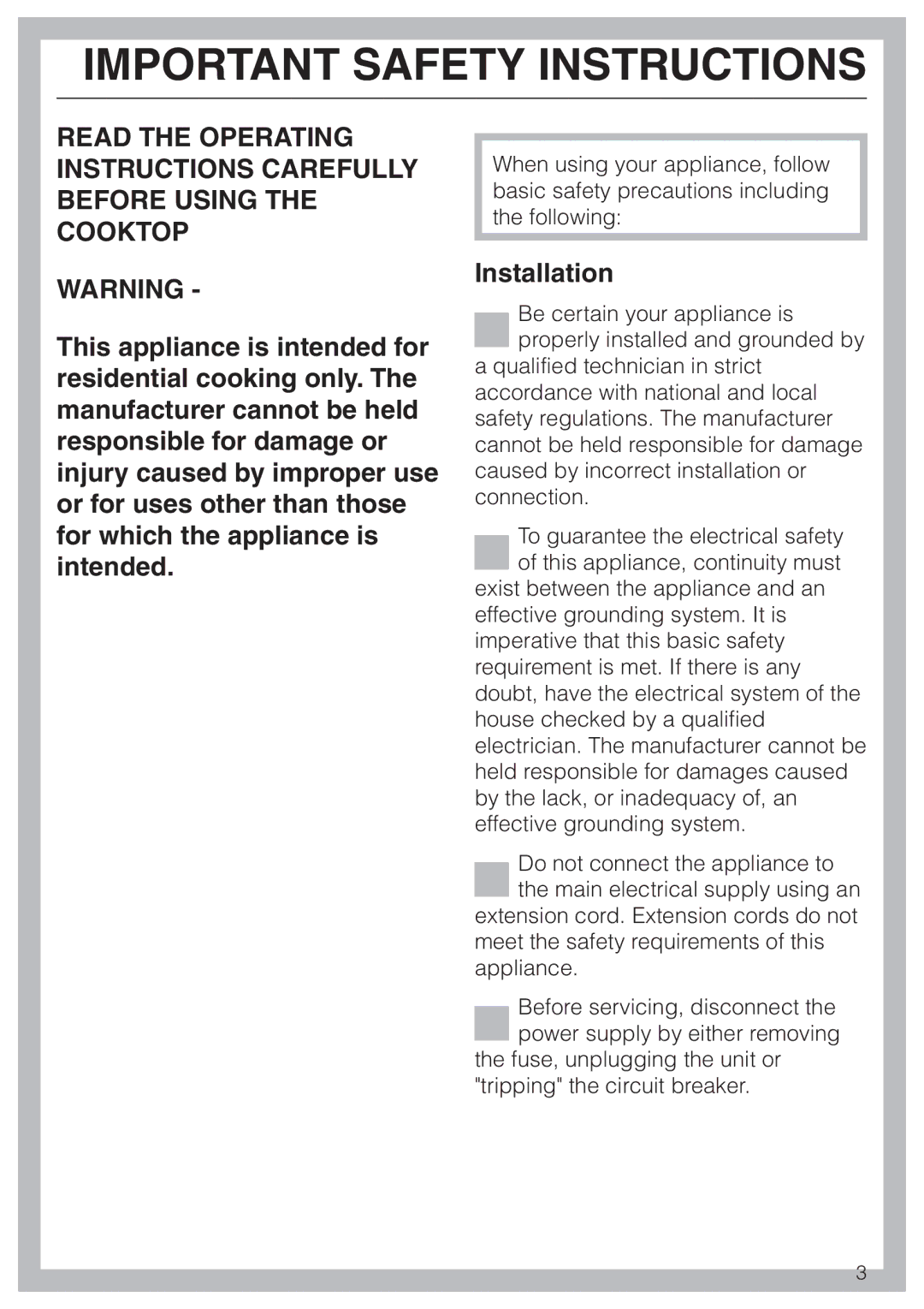 Miele KM 443 operating instructions Important Safety Instructions, Installation 