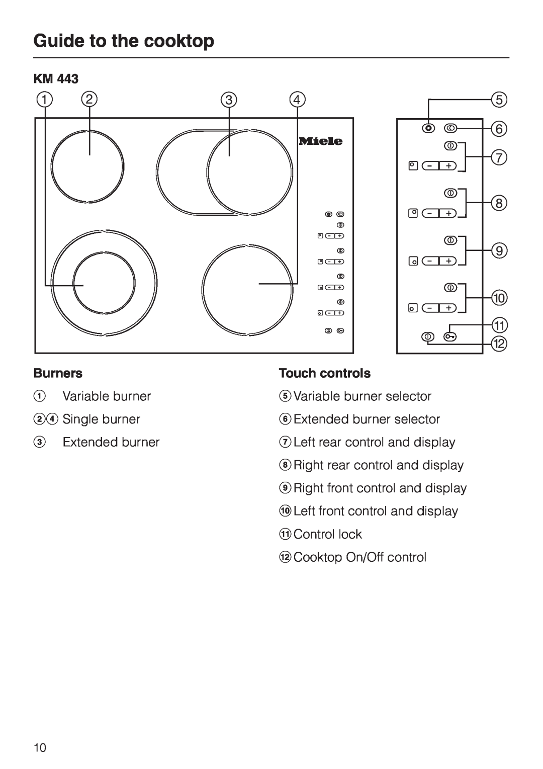 Miele KM 443 operating instructions Guide to the cooktop, Burners, Touch controls 