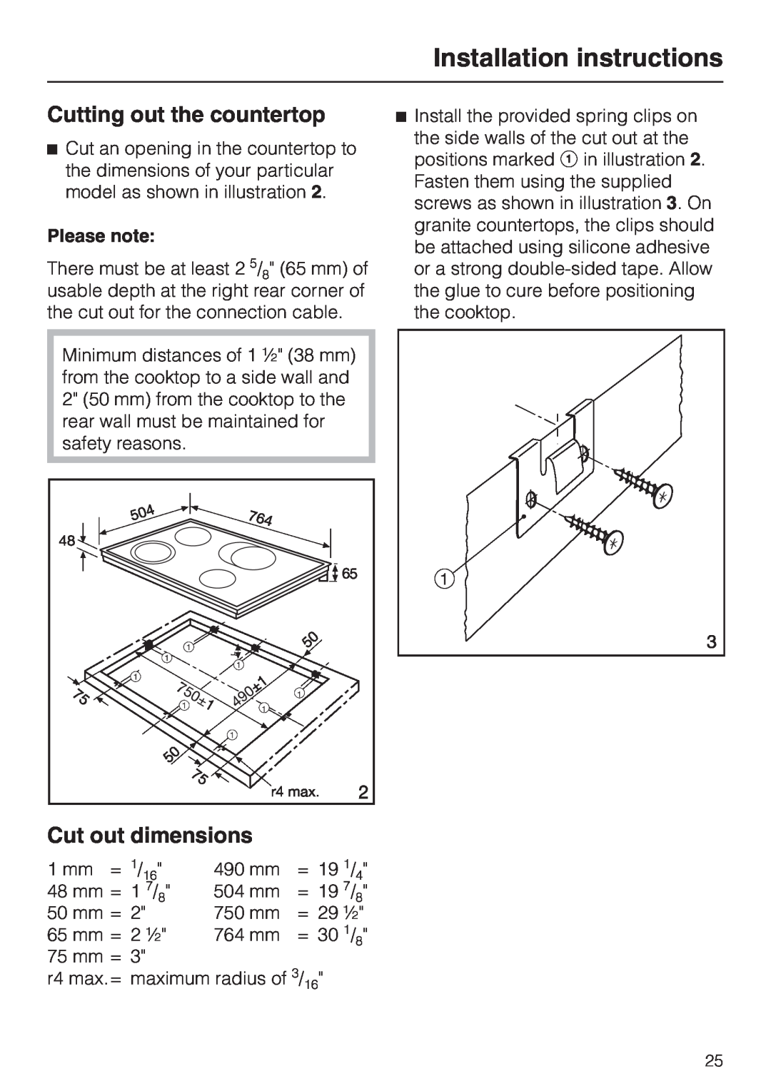 Miele KM 443 operating instructions Installation instructions, Cutting out the countertop, Cut out dimensions, Please note 