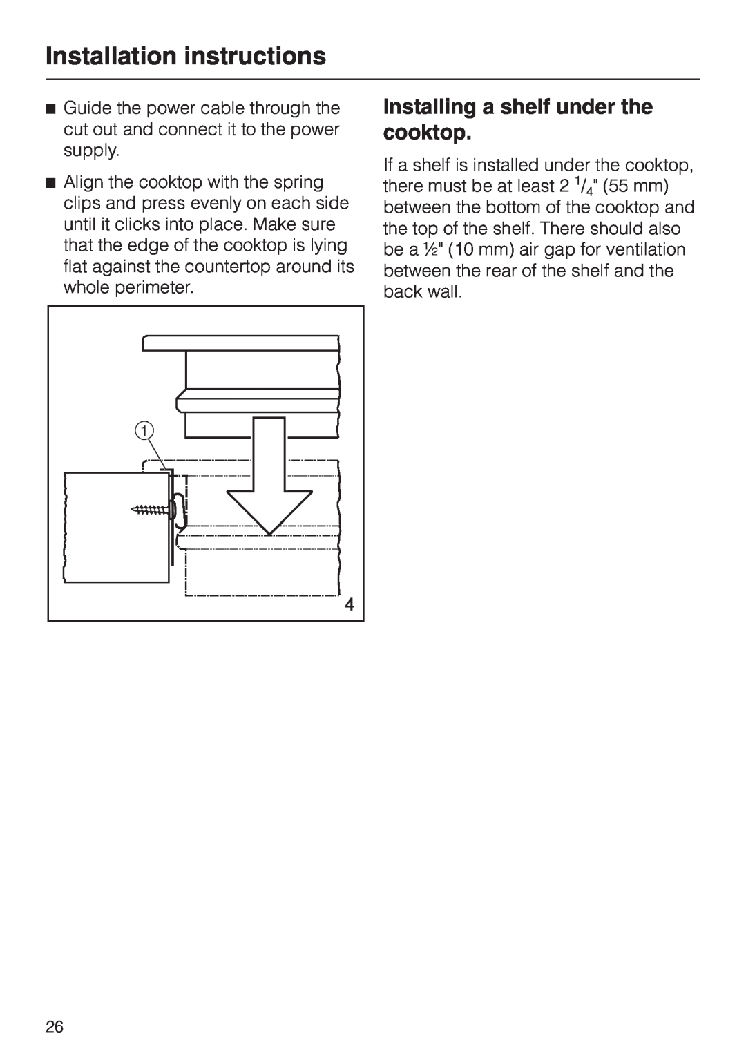 Miele KM 443 operating instructions Installation instructions, Installing a shelf under the cooktop 