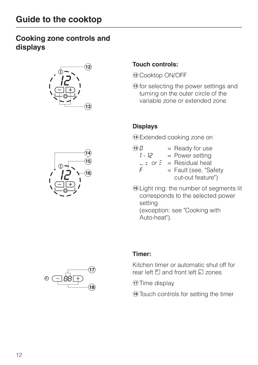 Miele KM 451 manual Cooking zone controls and displays 