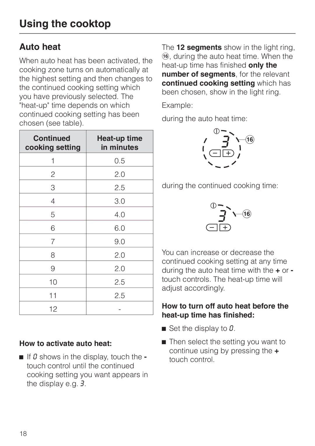 Miele KM 451 manual Auto heat, Heat-up time, Cooking setting Minutes How to activate auto heat 