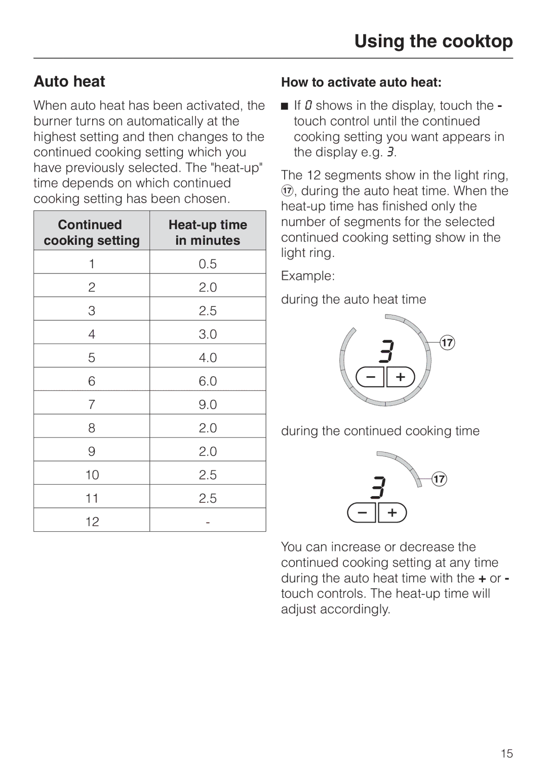 Miele KM 452 manual Auto heat, Heat-up time, Cooking setting Minutes How to activate auto heat 